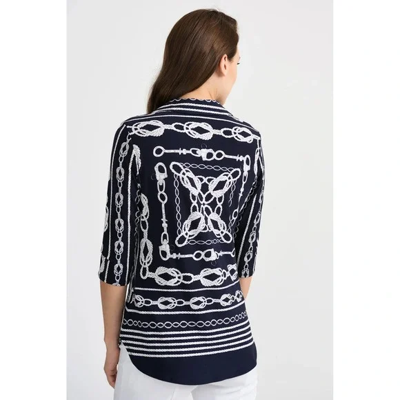 Joseph Ribkoff Nautical Rope V-Neck Top in Midnight Blue/Vanilla size 12 - Picture 3 of 14